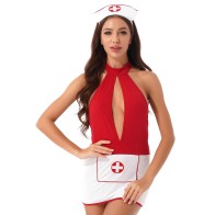 Sexy Womens Lingerie Nurse Dress Uniform Sexy Cosplay Costume Halter Neck Hollow Backless Slim Fit Mini Dress with Headband