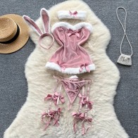 Christmas Cosplay Rabbit Maid Sexy Nightwear Halter Splice Fur Bow Lingerie Combination Erotic Porno Underwear Sets