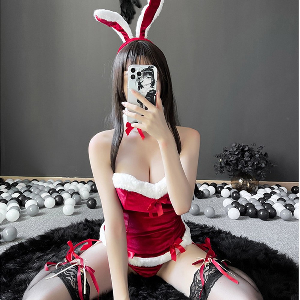 Christmas Cosplay Rabbit Maid Sexy Nightwear Halter Splice Fur Bow Lingerie Combination Erotic Porno Underwear Sets