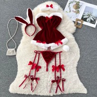 Christmas Cosplay Rabbit Maid Sexy Nightwear Halter Splice Fur Bow Lingerie Combination Erotic Porno Underwear Sets