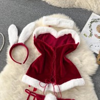 Christmas Cosplay Rabbit Maid Sexy Nightwear Halter Splice Fur Bow Lingerie Combination Erotic Porno Underwear Sets