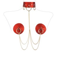 Women Sexy Red Leather Nipple Cover With Choker Tassel Body Chain Necklace Breast Wear Reusable Nipple Pasties Jewelry