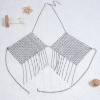 Shiny Body Halter Chain Tank Top Women Metallic Rhinestone Detail Fringe Trim Harness Bra Chain Festival Party Outfits