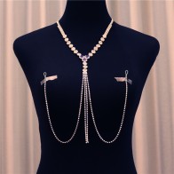 Blue Crystal Tassel Nipple Chain Jewelry Non Piercing Ring Chest Chain Bra Sexy Rhinestone Body Jewelry