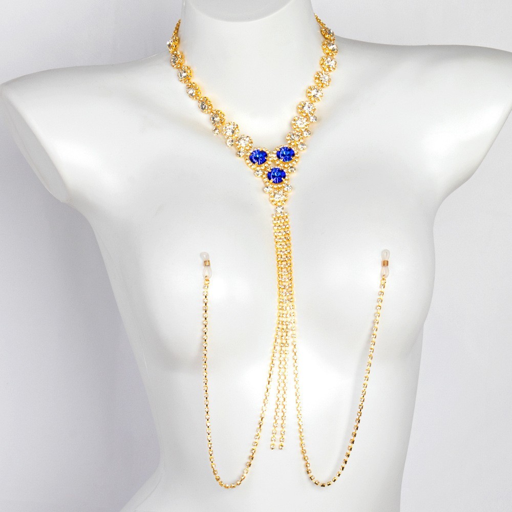 Blue Crystal Tassel Nipple Chain Jewelry Non Piercing Ring Chest Chain Bra Sexy Rhinestone Body Jewelry