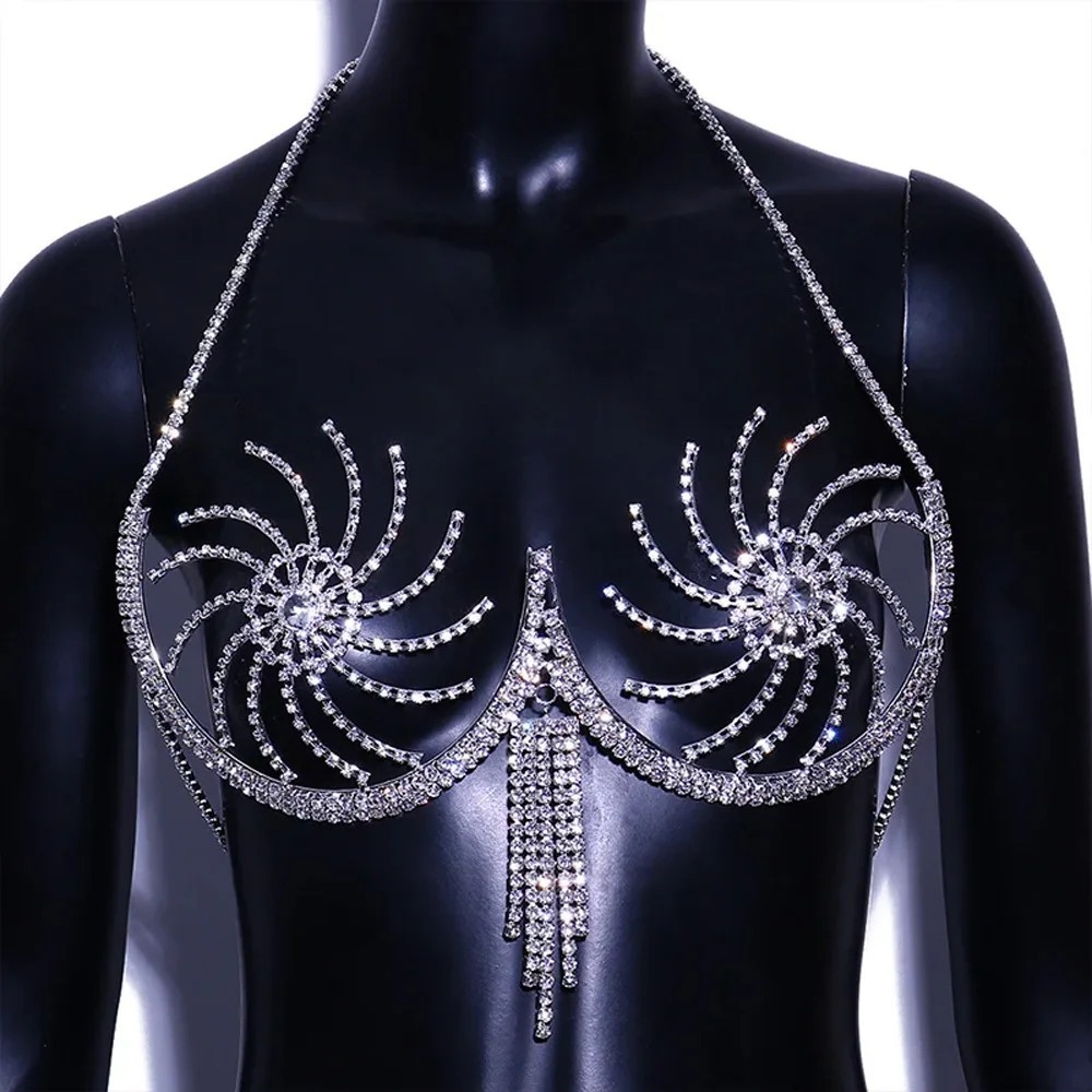 Rhinestone Bikini Bra Rotating Windmill Tassel Harness Lingerie Sexy Women Crystal Chest Body Jewelry