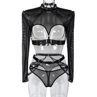 Long-Sleeved Lingerie Women's Complex Heavy Craft Mesh See-Through Slim Open Bra Chain Set