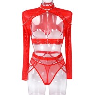 Long-Sleeved Lingerie Women's Complex Heavy Craft Mesh See-Through Slim Open Bra Chain Set