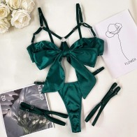 Cut Out Bow Lingerie Set Satin Cute Erotic Set Brief Underwear Bikini Set Nightwear