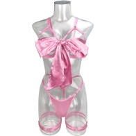 Cut Out Bow Lingerie Set Satin Cute Erotic Set Brief Underwear Bikini Set Nightwear