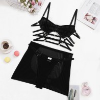 Erotic Bandage Lingerie Three-Piece Set Hip Hollow Strap Bra Sexy Body Shaping Skirt Set