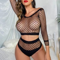 Sexy Fishnet Lingerie Set Women Long Sleeve Off Shoulder Bra & Brief Erotic Costumes hollow out Underwear