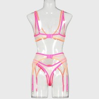 Women's Bra Set Skin Colour Mesh Collision See-Through Sexy Underwear Three-Piece Set