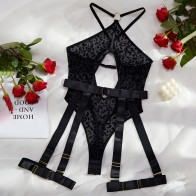 Sexy Women Bodysuit Comfortable Leopard Mesh Sexy Hollow Design Cross Backless Garter Set