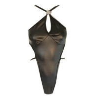 PU Sexy Hollow Out HIgh Cut Bodysuit Bandage Shiny Faux Leather Bodysuit Stripe Backless Gothic Bodysuit Erotic Sexy Wear