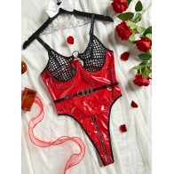 Women's Fishnet Bra Lingerie PU Leather Zipper Crotch One-piece Suit Sexy Mesh Patchwork