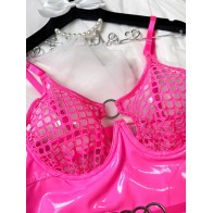 Women's Fishnet Bra Lingerie PU Leather Zipper Crotch One-piece Suit Sexy Mesh Patchwork