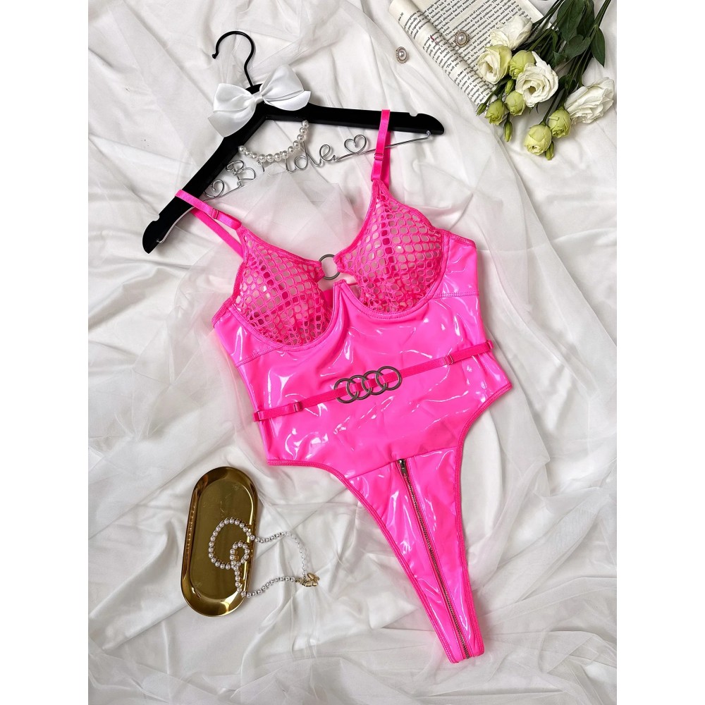 Women's Fishnet Bra Lingerie PU Leather Zipper Crotch One-piece Suit Sexy Mesh Patchwork