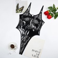 Women's Fishnet Bra Lingerie PU Leather Zipper Crotch One-piece Suit Sexy Mesh Patchwork