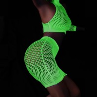 Luminous Sexy Hip Wrap Fishnet Dress Lingerie Erotic Noctilucent 鈥婤odysuits Women Sex Pajamas Club Costumes with Cuff