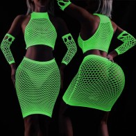 Luminous Sexy Hip Wrap Fishnet Dress Lingerie Erotic Noctilucent 鈥婤odysuits Women Sex Pajamas Club Costumes with Cuff