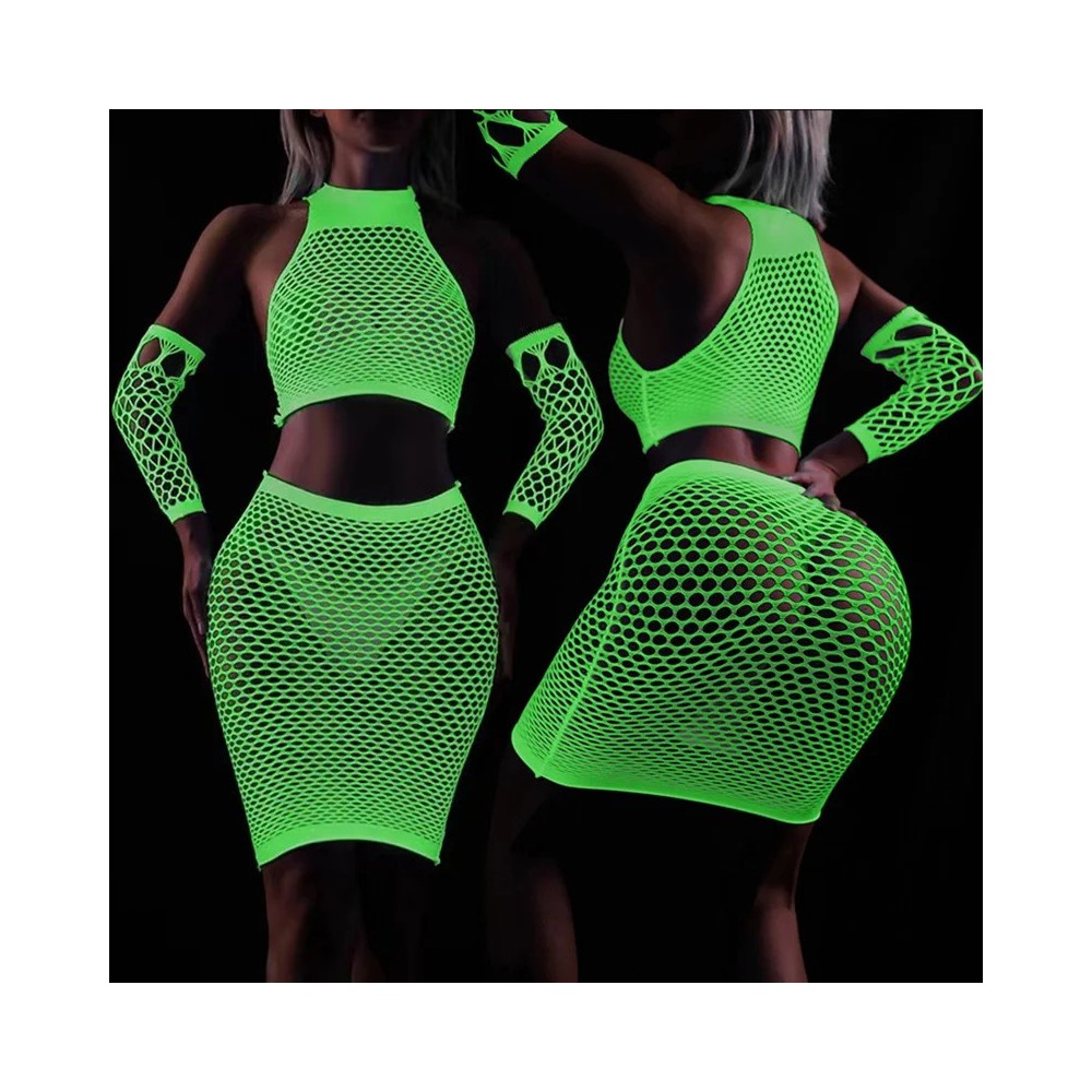 Luminous Sexy Hip Wrap Fishnet Dress Lingerie Erotic Noctilucent 鈥婤odysuits Women Sex Pajamas Club Costumes with Cuff