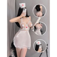 Erotic Lace Breast Exposed Nurse Costume Backless Sexy Lingerie Women Body Hollow Out Dress Open Underwear