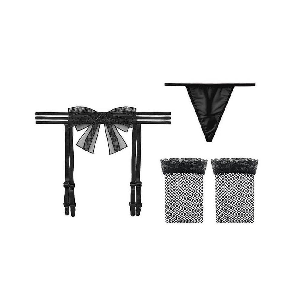 Sexy Bow Garter Belt Set With G-Thong and Stockings For Women