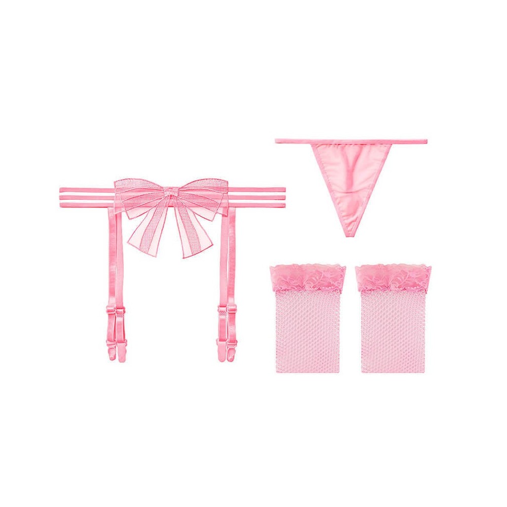 Sexy Bow Garter Belt Set With G-Thong and Stockings For Women