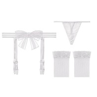 Sexy Bow Garter Belt Set With G-Thong and Stockings For Women