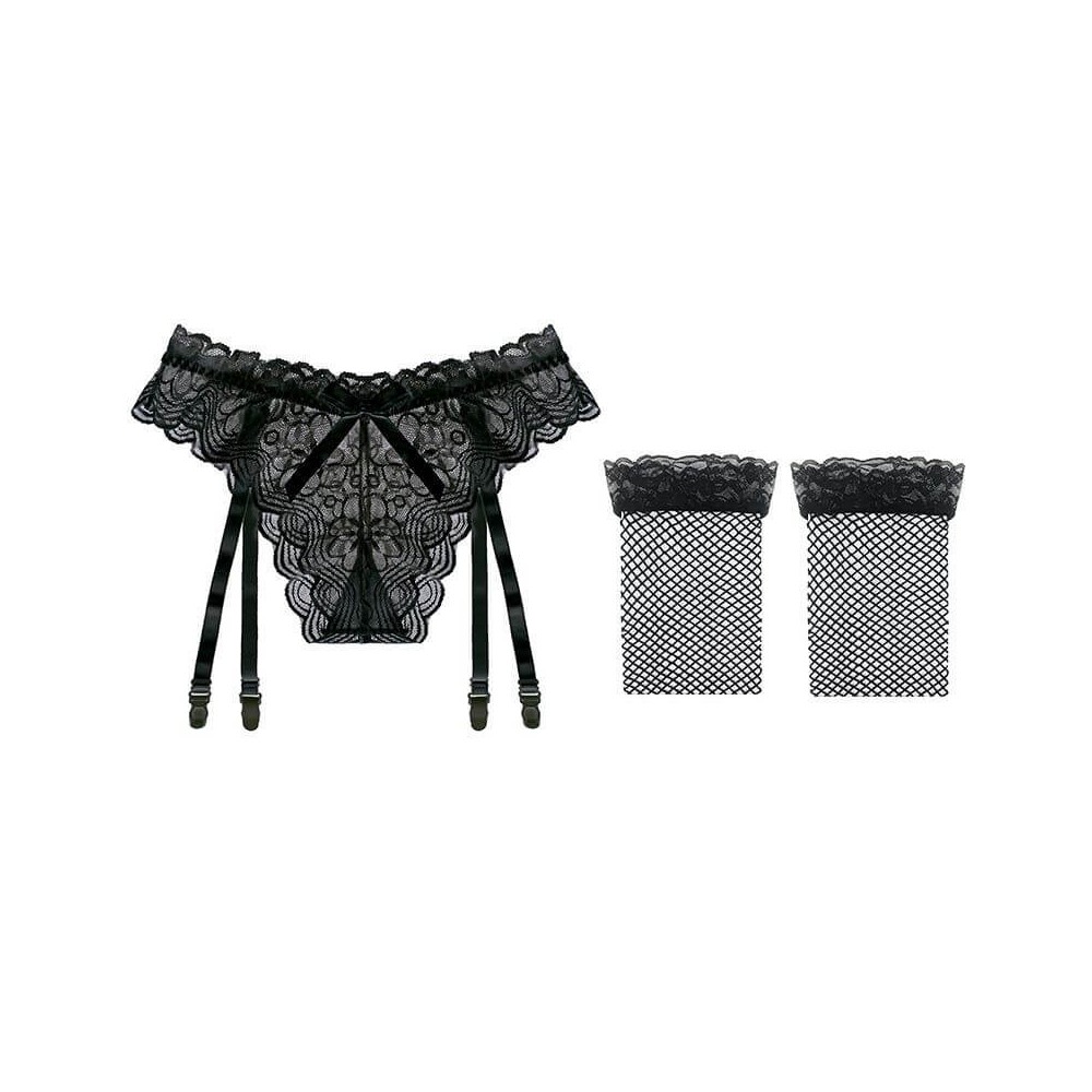 Sexy Bow Garter Belt Set With G-Thong and Stockings For Women