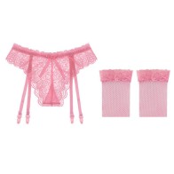 Sexy Bow Garter Belt Set With G-Thong and Stockings For Women