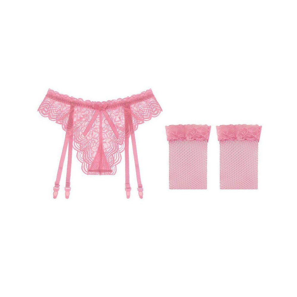 Sexy Bow Garter Belt Set With G-Thong and Stockings For Women