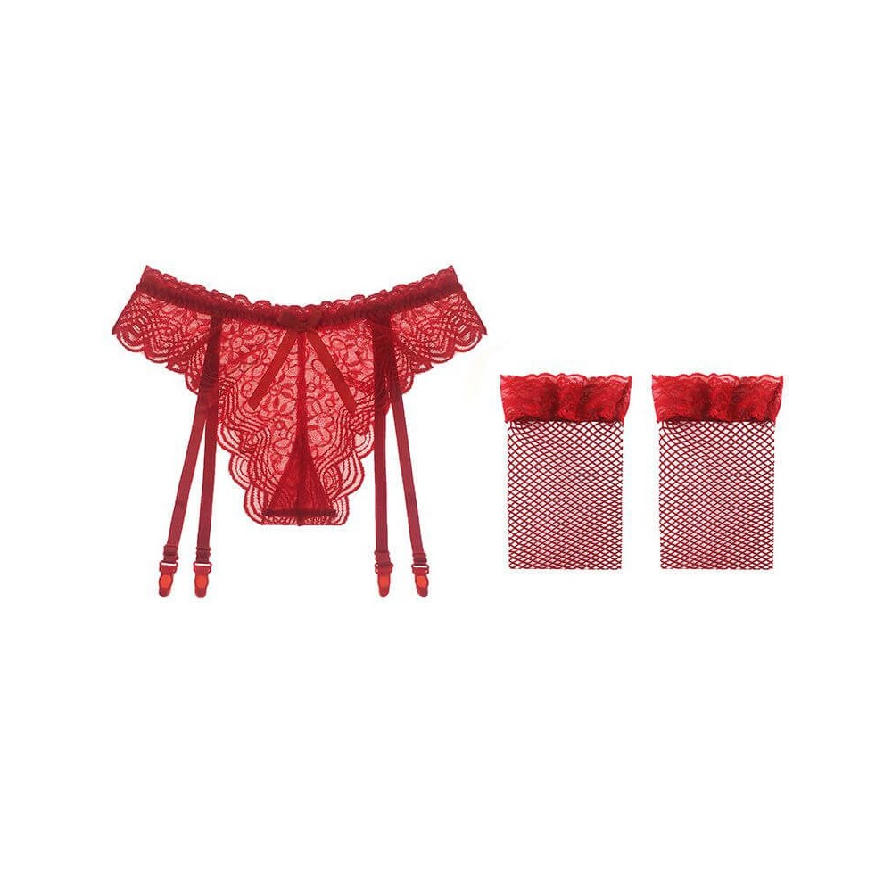 Sexy Bow Garter Belt Set With G-Thong and Stockings For Women