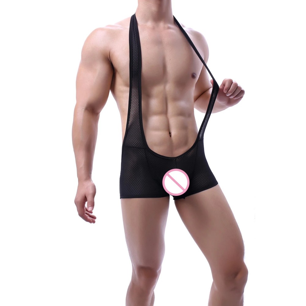 Sexy Men Jockstrap Boxer Underwear Wrestling Singlet Bodysuit Long Penis Pouch Open Butt Mesh Jumpsuits