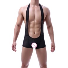 Sexy Men Jockstrap Boxer Underwear Wrestling Singlet Bodysuit Long Penis Pouch Open Butt Mesh Jumpsuits