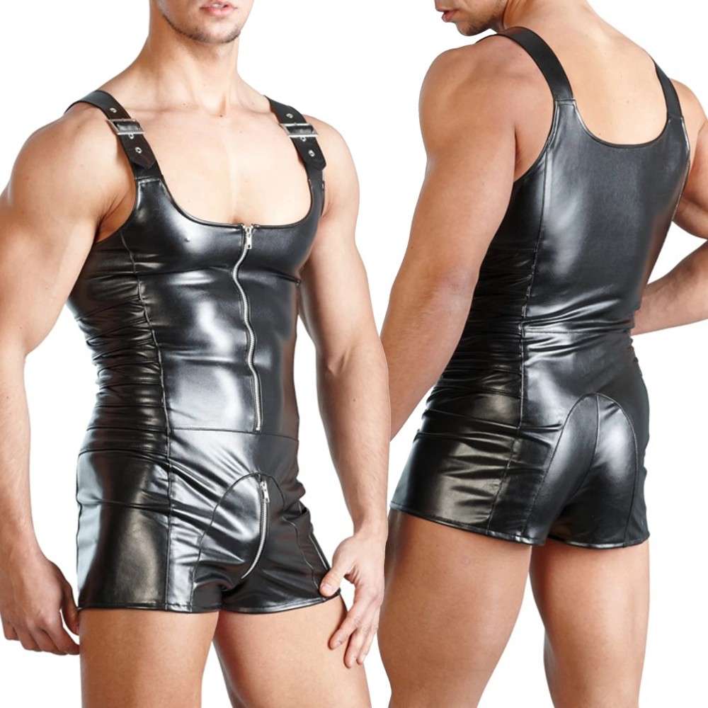 Sexy Zipper Men Overalls Sleeveless Open Crotch Men Erotic Tight Faux Leather Bodysuits Shorts Pajamas Nightclub Jumpsuit