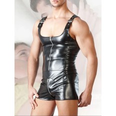 Sexy Zipper Men Overalls Sleeveless Open Crotch Men Erotic Tight Faux Leather Bodysuits Shorts Pajamas Nightclub Jumpsuit