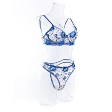 2 Piece Set Bra Sexy Lingerie Women Embroidered Flower Patchwork Mesh See-through Briefs Blue and White Porcelain Underwear