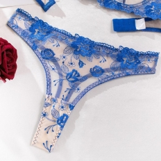 2 Piece Set Bra Sexy Lingerie Women Embroidered Flower Patchwork Mesh See-through Briefs Blue and White Porcelain Underwear