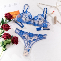 2 Piece Set Bra Sexy Lingerie Women Embroidered Flower Patchwork Mesh See-through Briefs Blue and White Porcelain Underwear