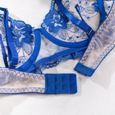 2 Piece Set Bra Sexy Lingerie Women Embroidered Flower Patchwork Mesh See-through Briefs Blue and White Porcelain Underwear