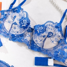 2 Piece Set Bra Sexy Lingerie Women Embroidered Flower Patchwork Mesh See-through Briefs Blue and White Porcelain Underwear