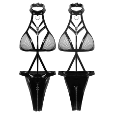 Halter Black PU Leather Backless Bodysuit Women Sexy Lingerie Underwear Hollow Out Bra Costumes