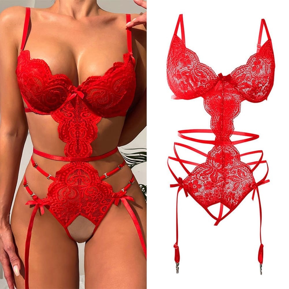 Sexy Lace Bra Set Women's Transparent Lingerie Crotchless Underwear Bodysuits Sexy Erotic Outfit