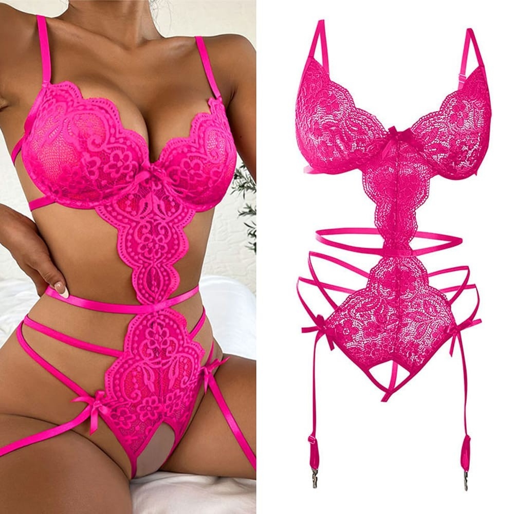 Sexy Lace Bra Set Women's Transparent Lingerie Crotchless Underwear Bodysuits Sexy Erotic Outfit