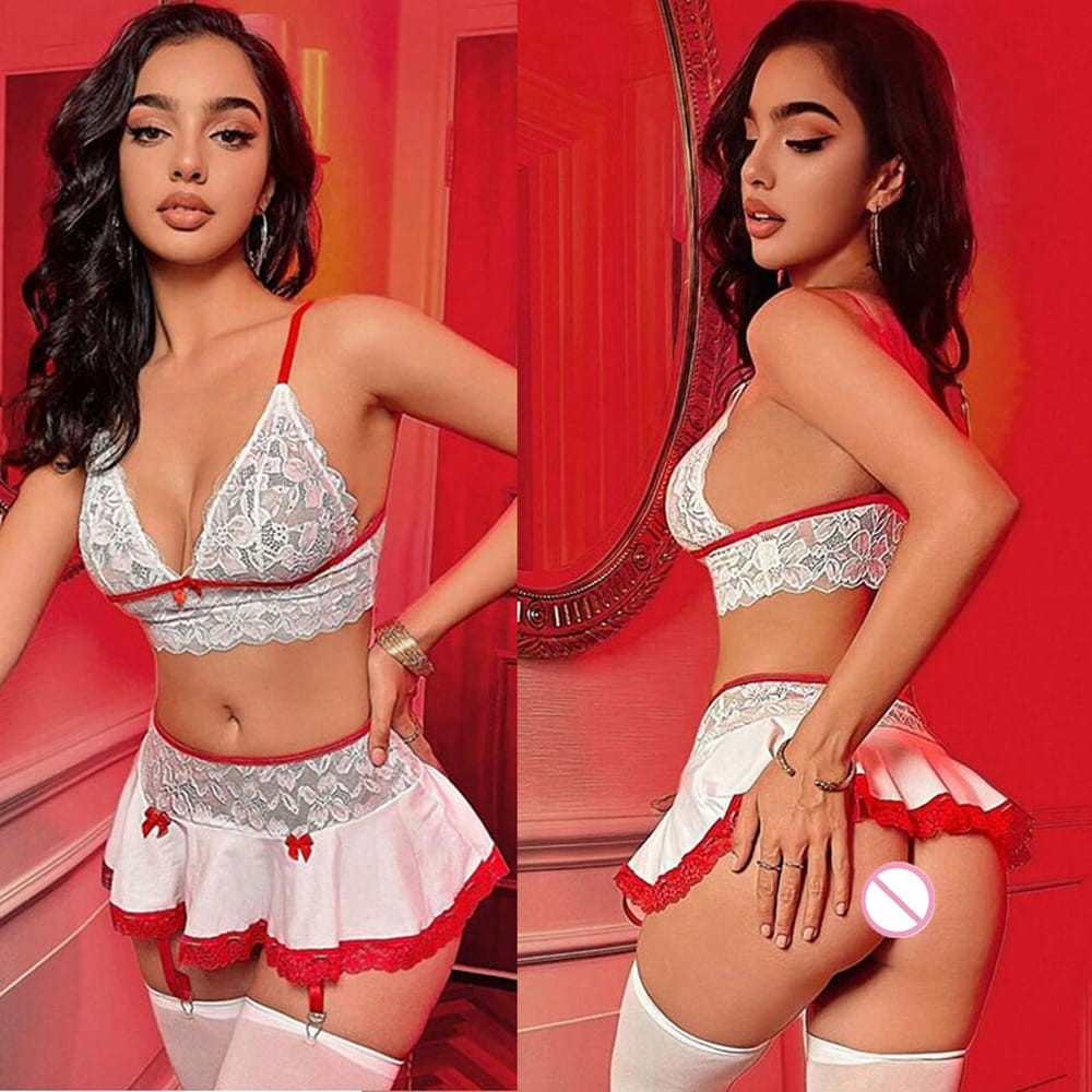 Sexy Nurse Cosplay Uniform Maid Uniform Sets V Neck Sheer Top+Mini Skirt+Thongs Porn Sex Outfits