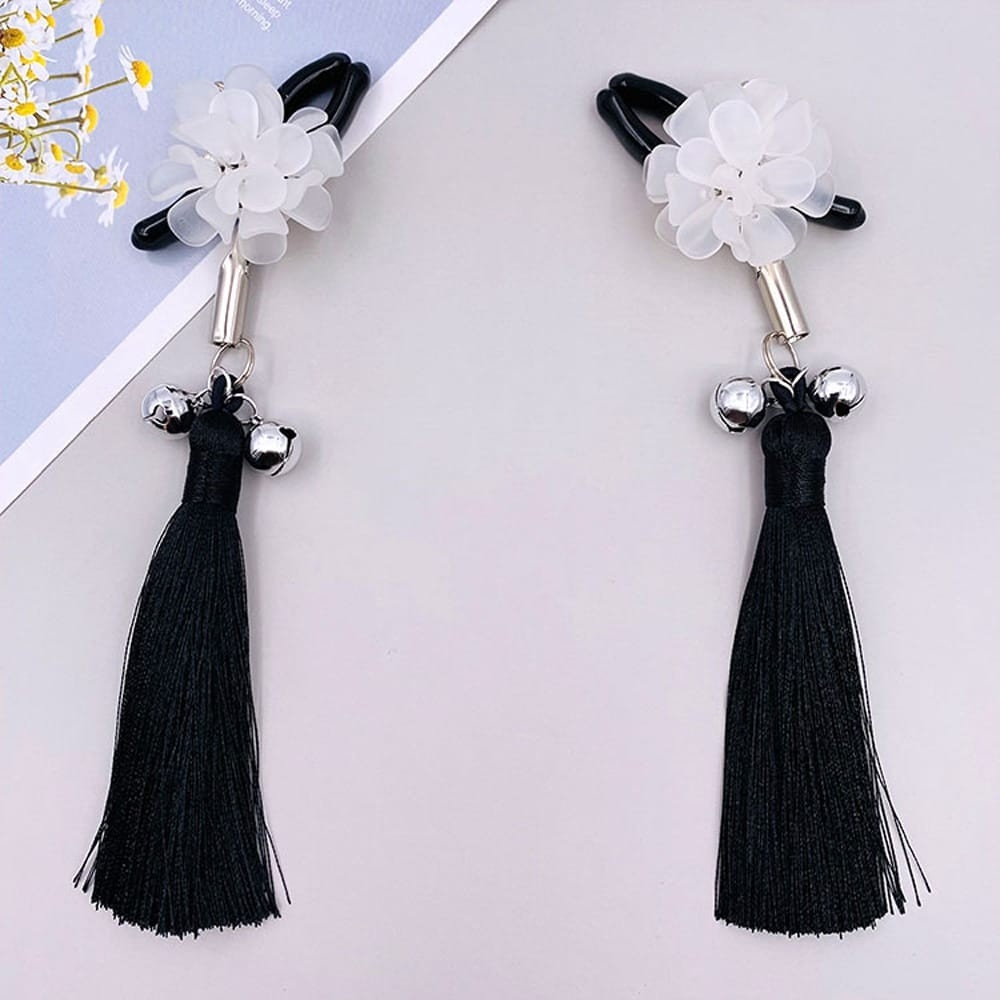 Breast Clip White Plastic Flower Tassel Exotic Bell Nipple Clamp Tease Flirt Sex Toys for Women