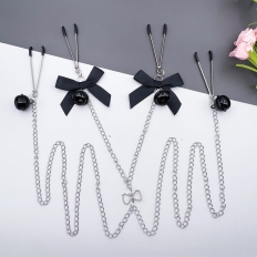 Breast Clip Water Fabric Bowknot Chain Bell Nipple Clamp Yin Clip Tease Flirt Sex Toys for Women