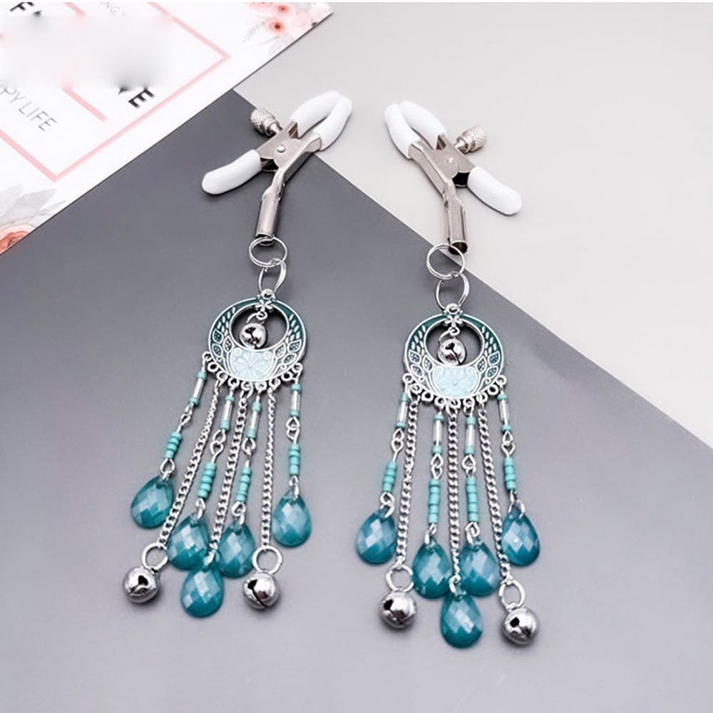 Woman Sexy Breast Nipple Clamps Adjustable Crystal Beads Drop Ethnic Long Minority Group Bell Adult Couple Stimulate Clips